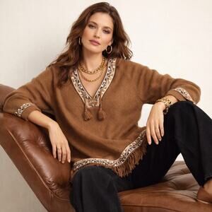 PEREZ Vintage Alpaca Hooded Sweater Aztec Trim Fringe Tan Camel {3D7}